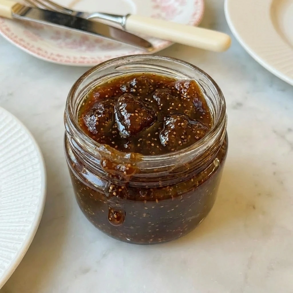 Homemade Fig Jam in a jar with glossy fig pieces