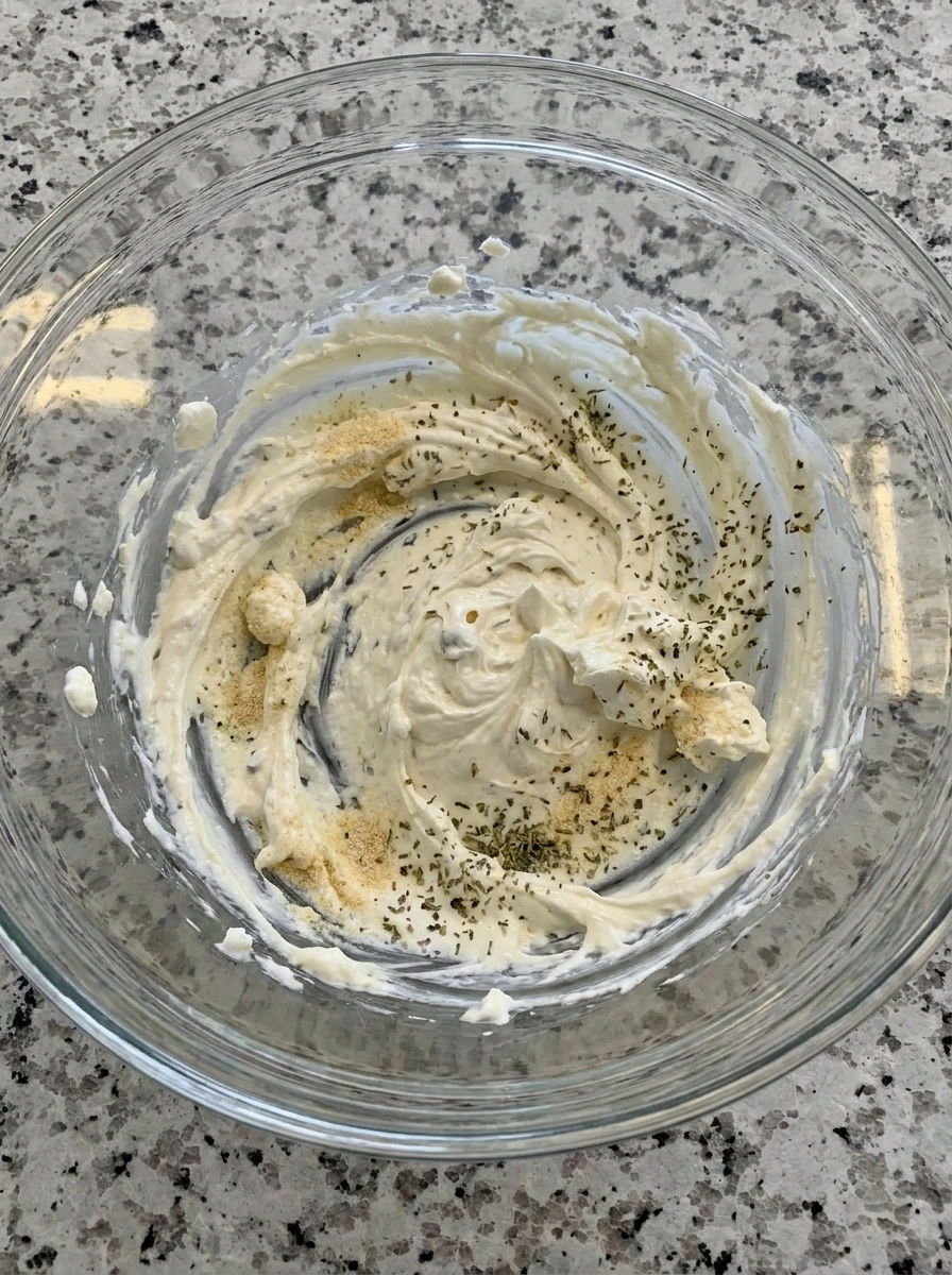 Creamy spread for Loaded Banana Pepper Flatbread mixed with seasonings