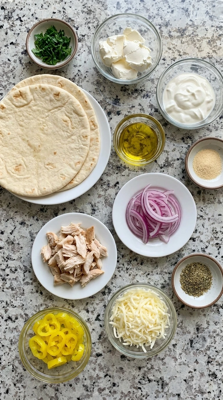 Ingredients for Loaded Banana Pepper Flatbread arranged in separate containers