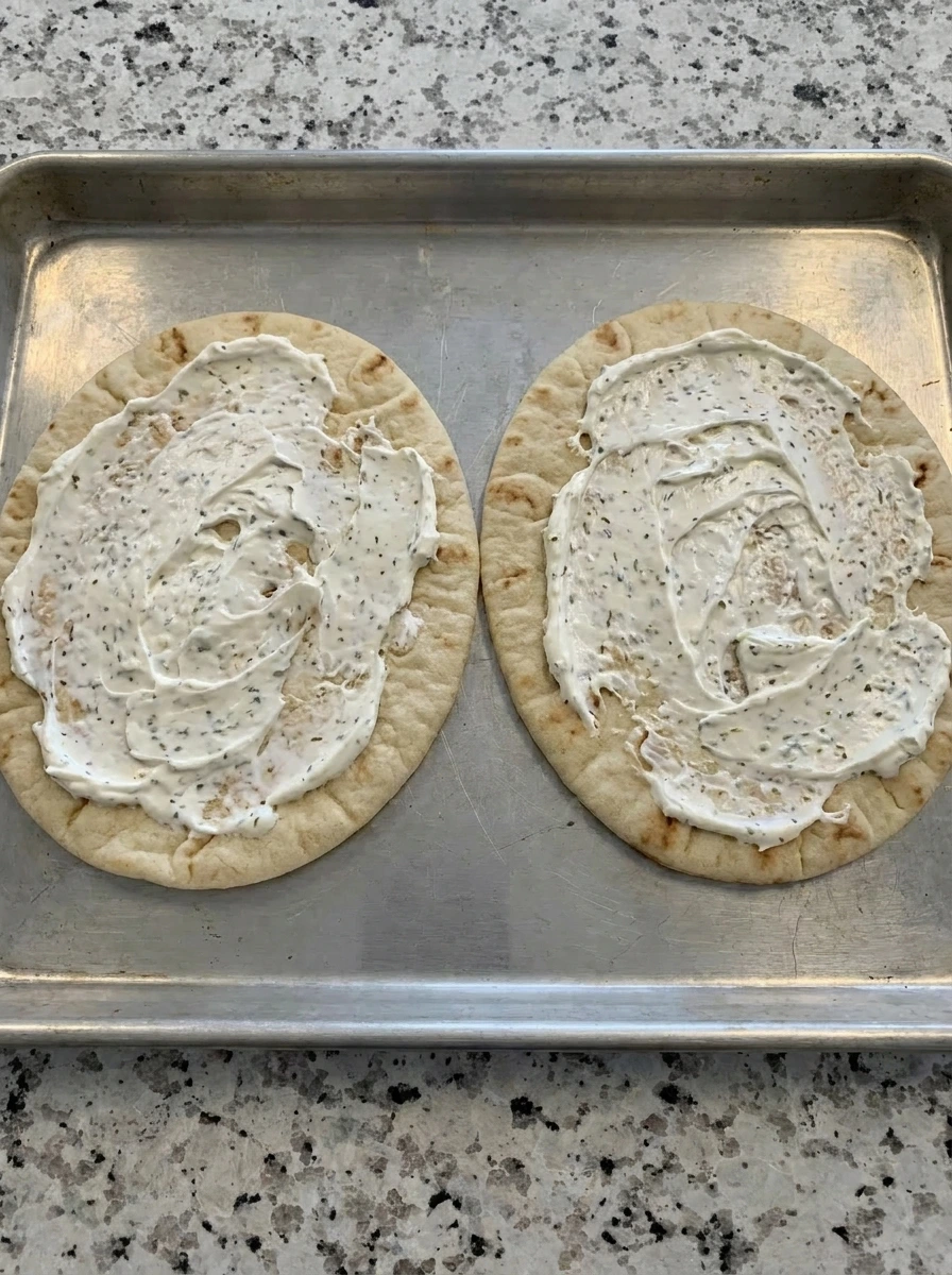 Creamy base spread onto two flatbreads for Loaded Banana Pepper Flatbread