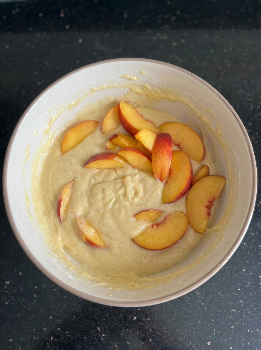 Nectarines folded into coffee cake batter