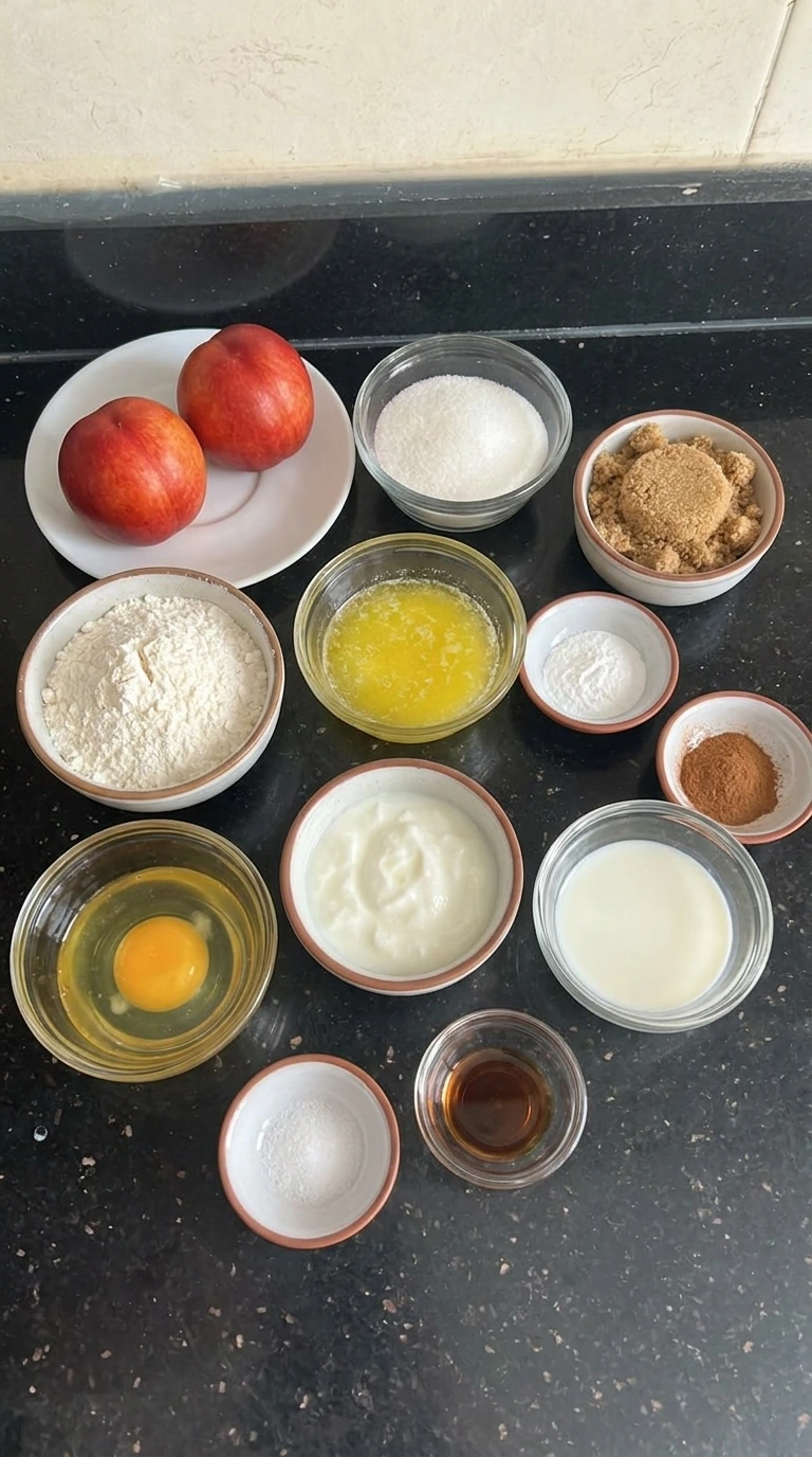 Ingredients for Nectarine Coffee Cake in separate containers