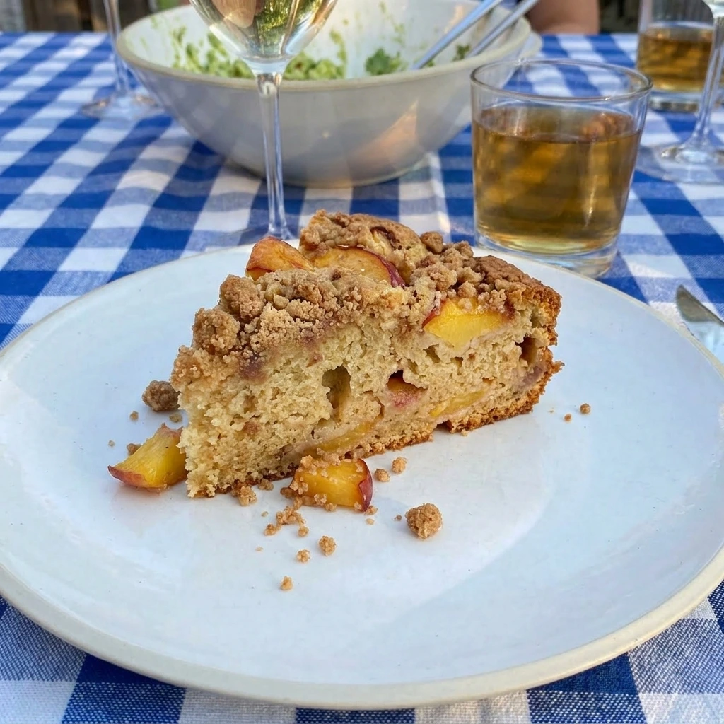 Slice of Nectarine Coffee Cake on a white plate