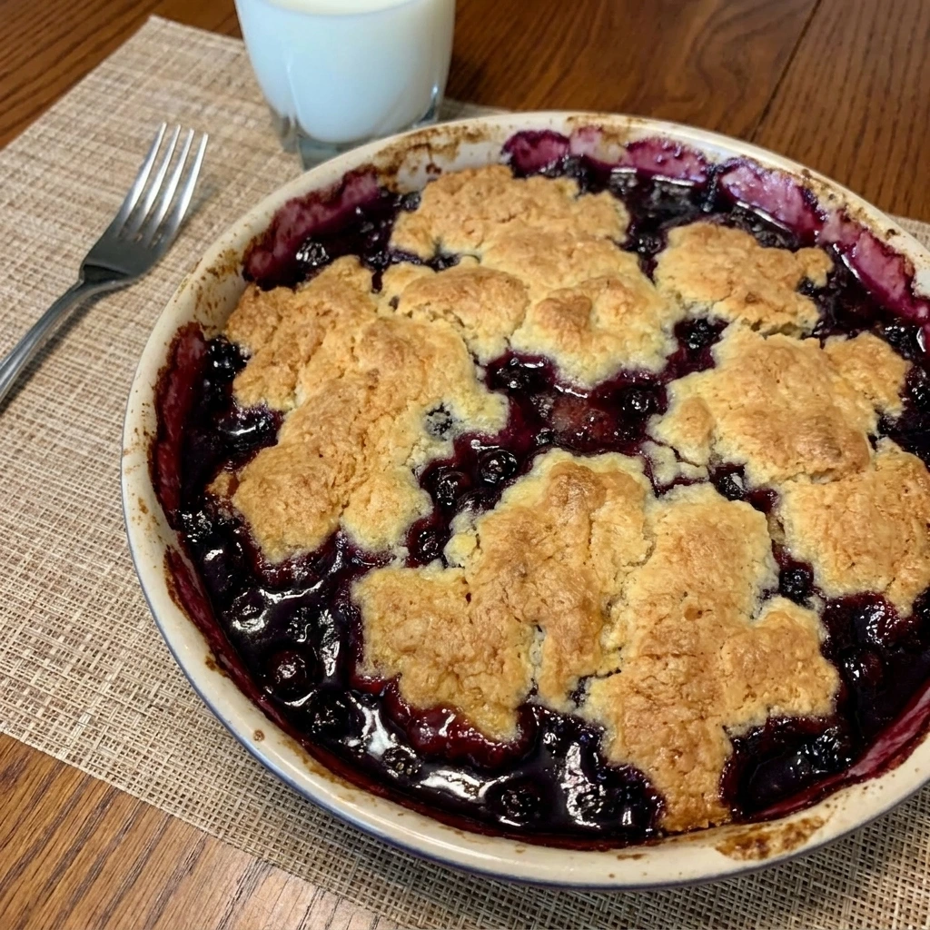 Old Fashioned Huckleberry Cobbler with golden topping and juicy berry filling