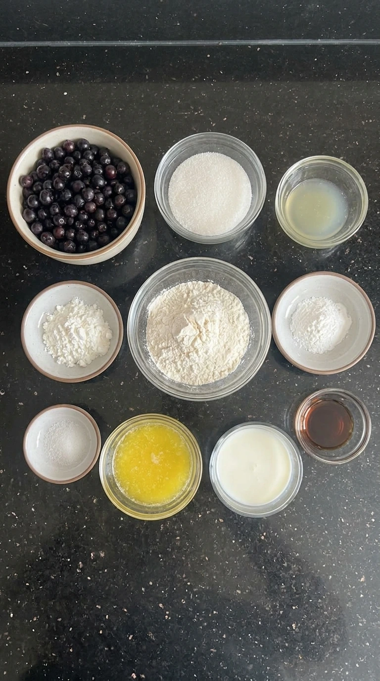 Ingredients for Old Fashioned Huckleberry Cobbler in separate bowls