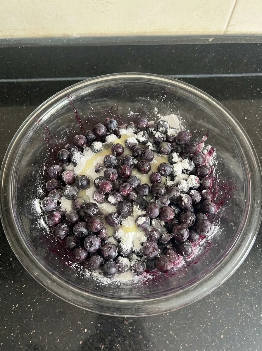 Huckleberries tossed with sugar and cornstarch for Old Fashioned Huckleberry Cobbler