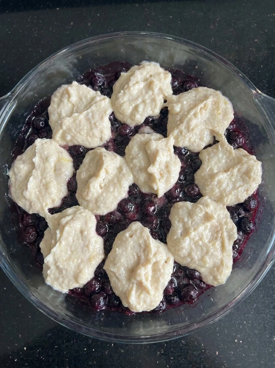 Cobbler topping spooned over huckleberries for Old Fashioned Huckleberry Cobbler