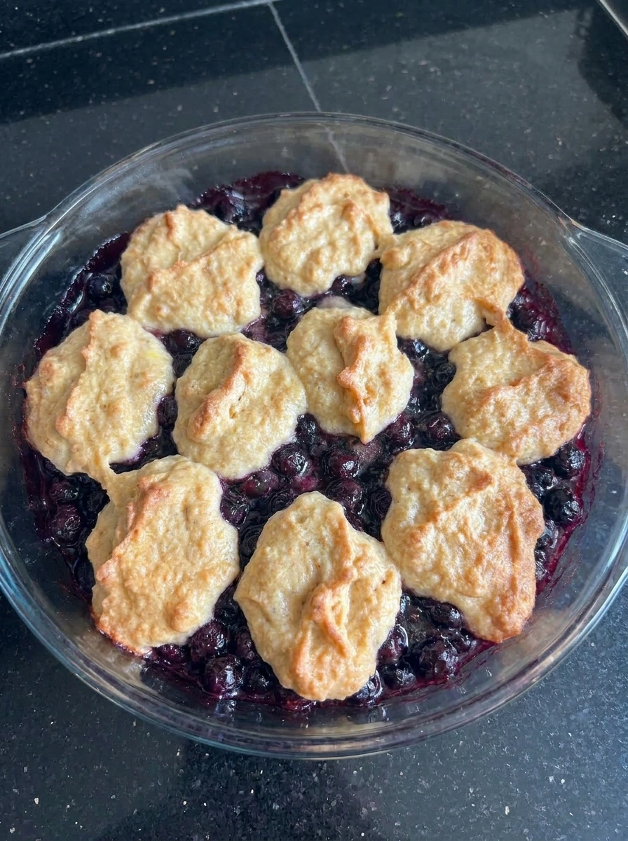 Baked Old Fashioned Huckleberry Cobbler bubbling with golden topping