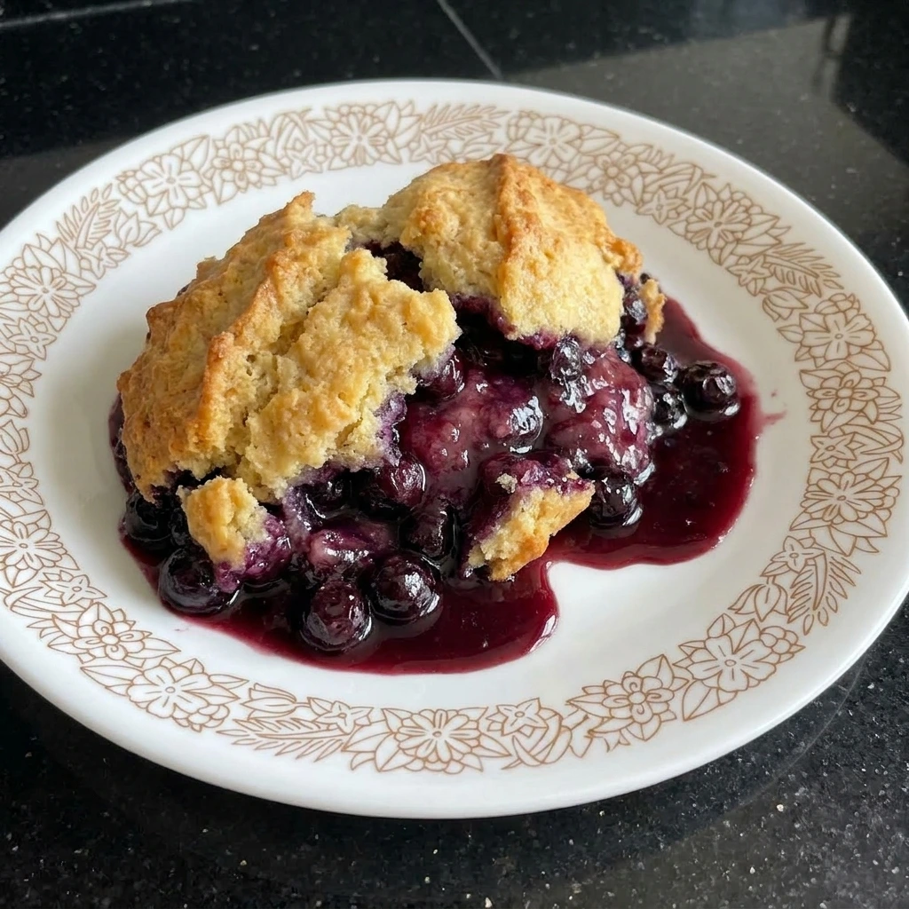 Served portion of Old Fashioned Huckleberry Cobbler with berry filling