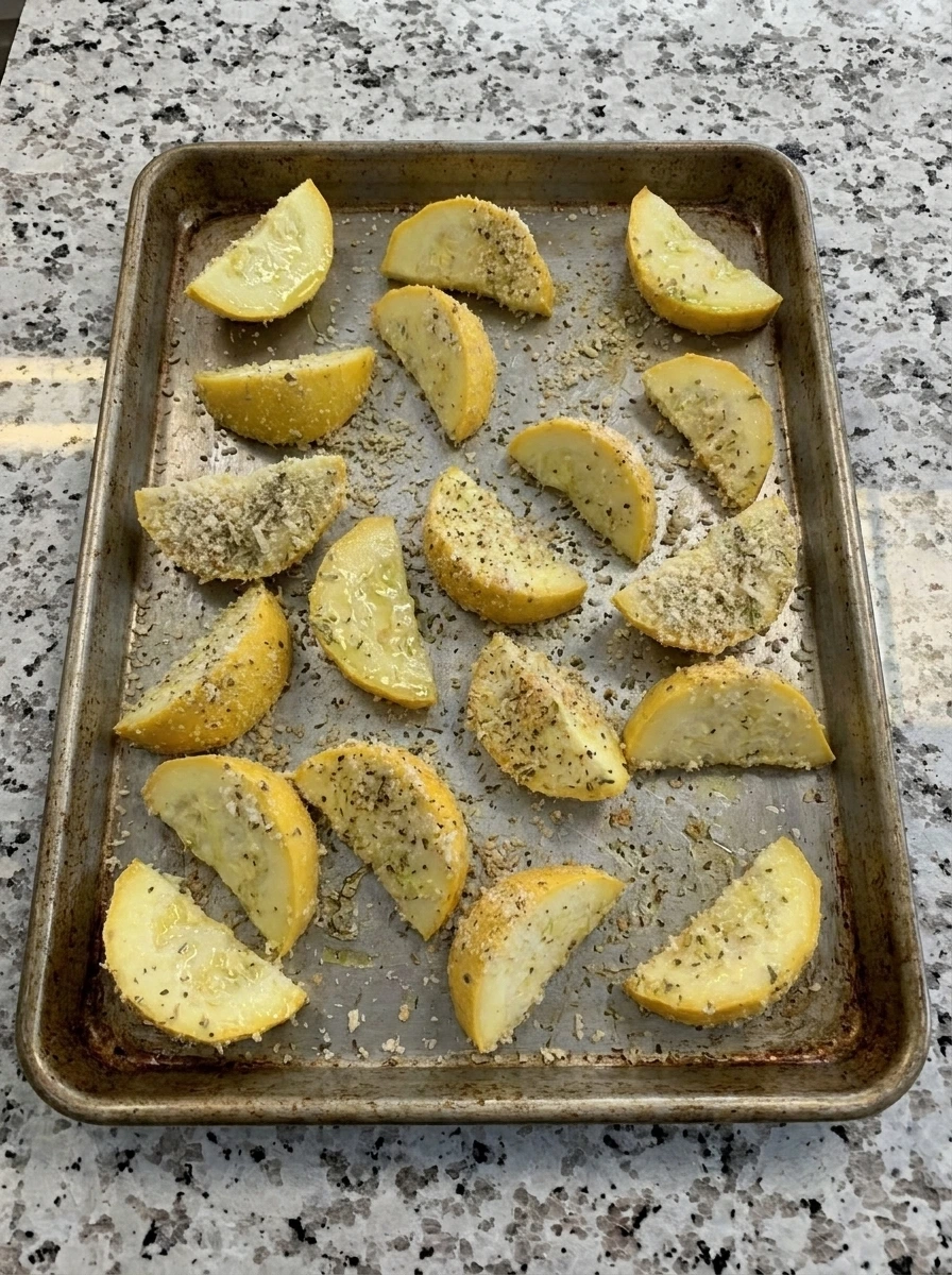 Coated patty pan squash wedges spread on a sheet pan before baking