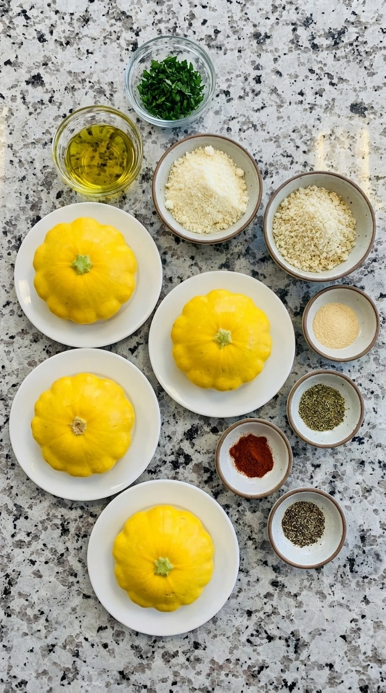 Ingredients for Parmesan Crusted Patty Pan Squash arranged in separate small containers