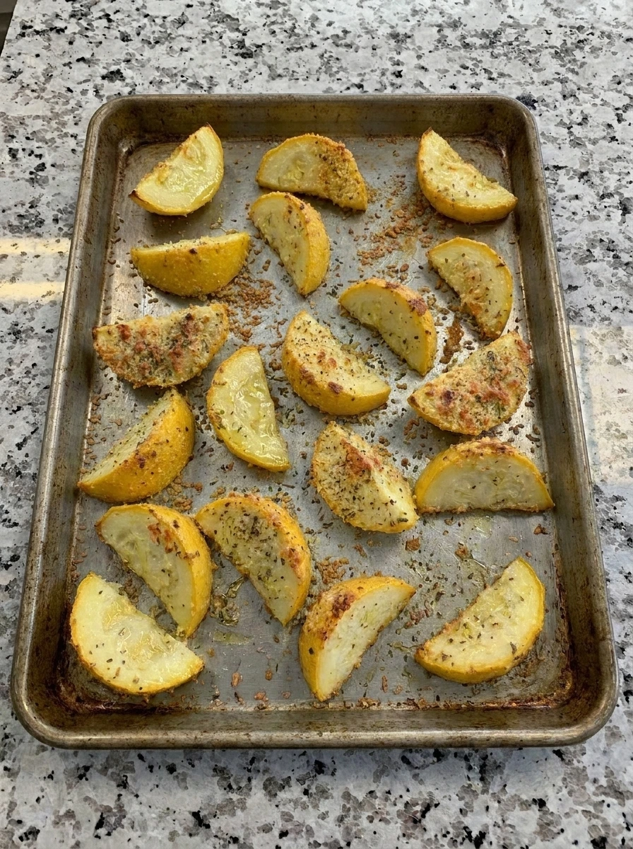 Roasted Parmesan Crusted Patty Pan Squash with golden browned edges on a sheet pan