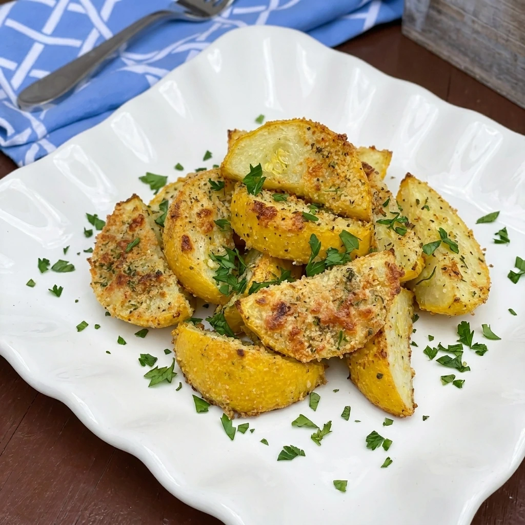 Single serving of Parmesan Crusted Patty Pan Squash with parsley on a white plate