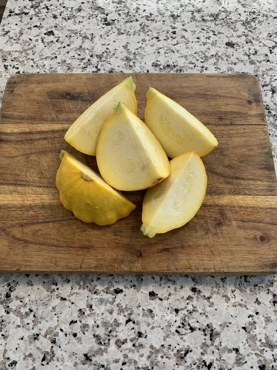 Four patty pan squash cut into uneven wedges for Parmesan Crusted Patty Pan Squash