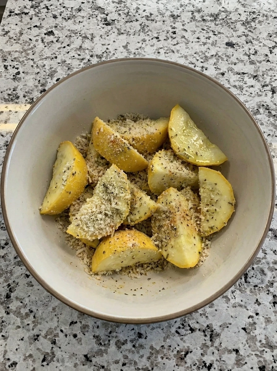 Patty pan squash wedges tossed with olive oil and Parmesan panko crumbs