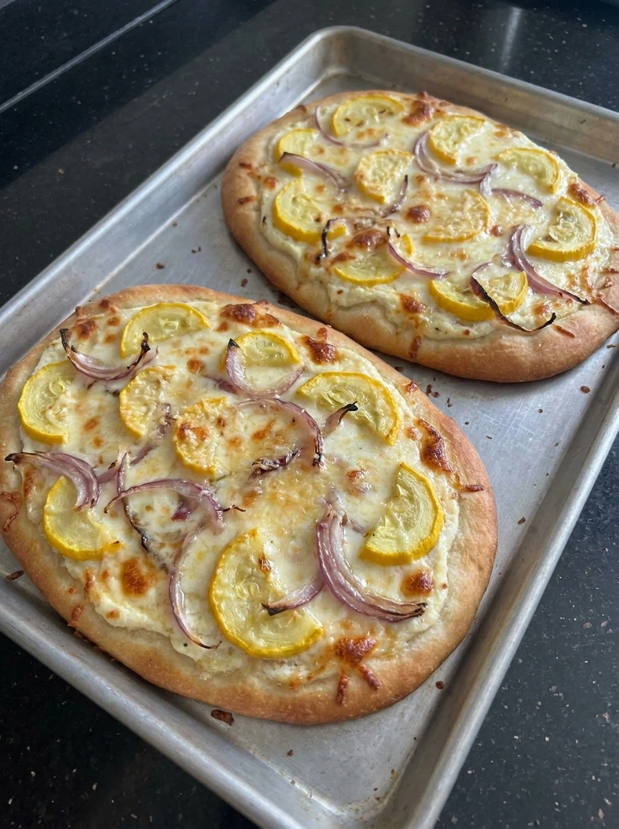 Baked Patty Pan Squash Flatbread with melted cheese and golden edges