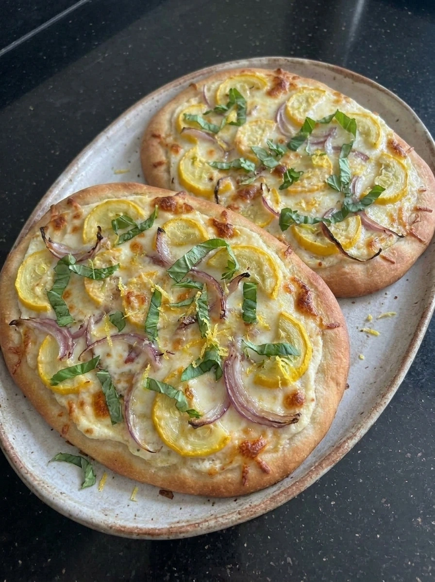 Finished Patty Pan Squash Flatbread with basil and lemon zest