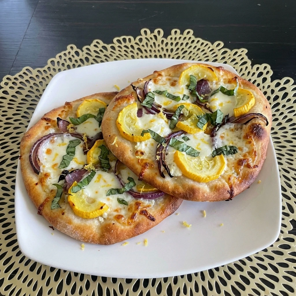 Patty Pan Squash Flatbread with melted cheese basil and golden edges