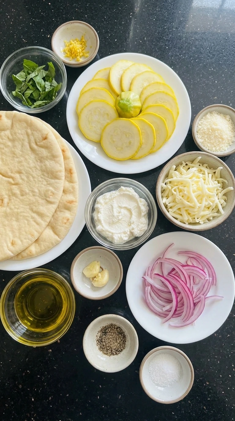 Ingredients for Patty Pan Squash Flatbread in separate small containers