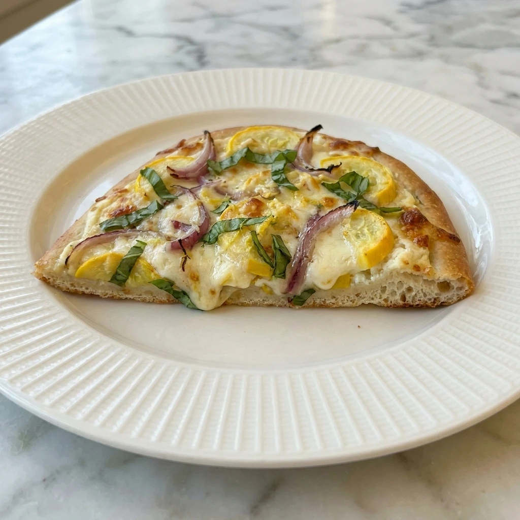 Single slice of Patty Pan Squash Flatbread on white plate