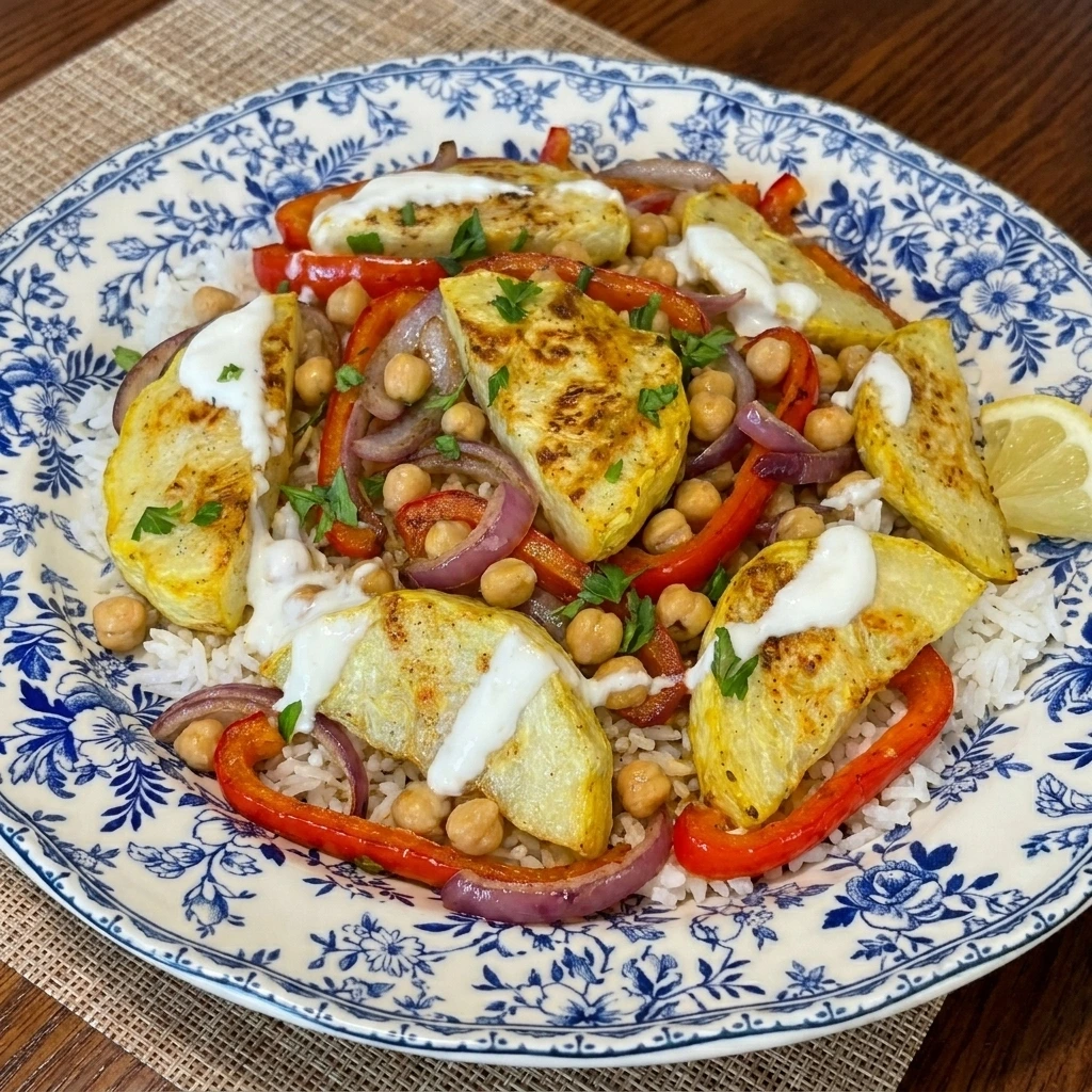 Patty Pan Squash Rice Bowl with golden squash and rice