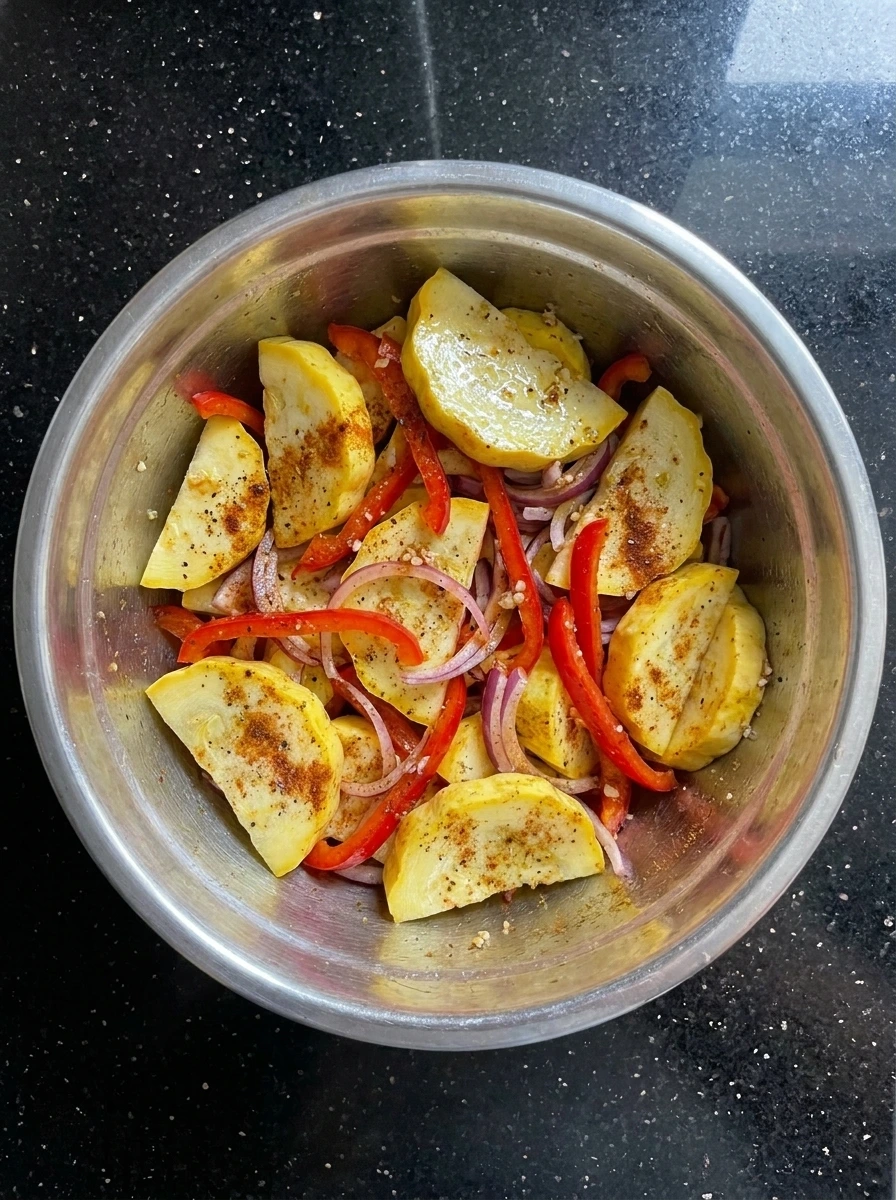 Seasoned vegetables for Patty Pan Squash Rice Bowl