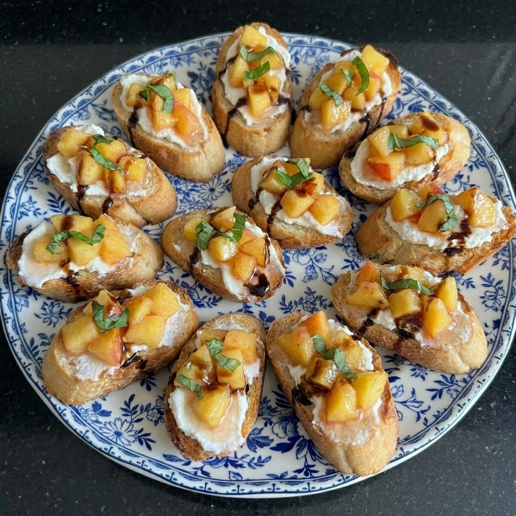 Finished Peach Bruschetta with basil and balsamic glaze