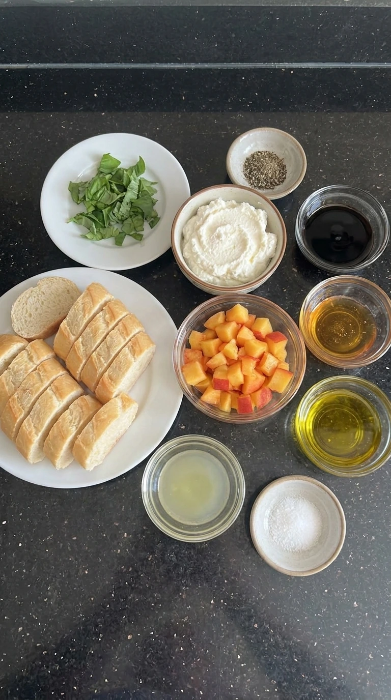 Ingredients for Peach Bruschetta arranged in separate small containers