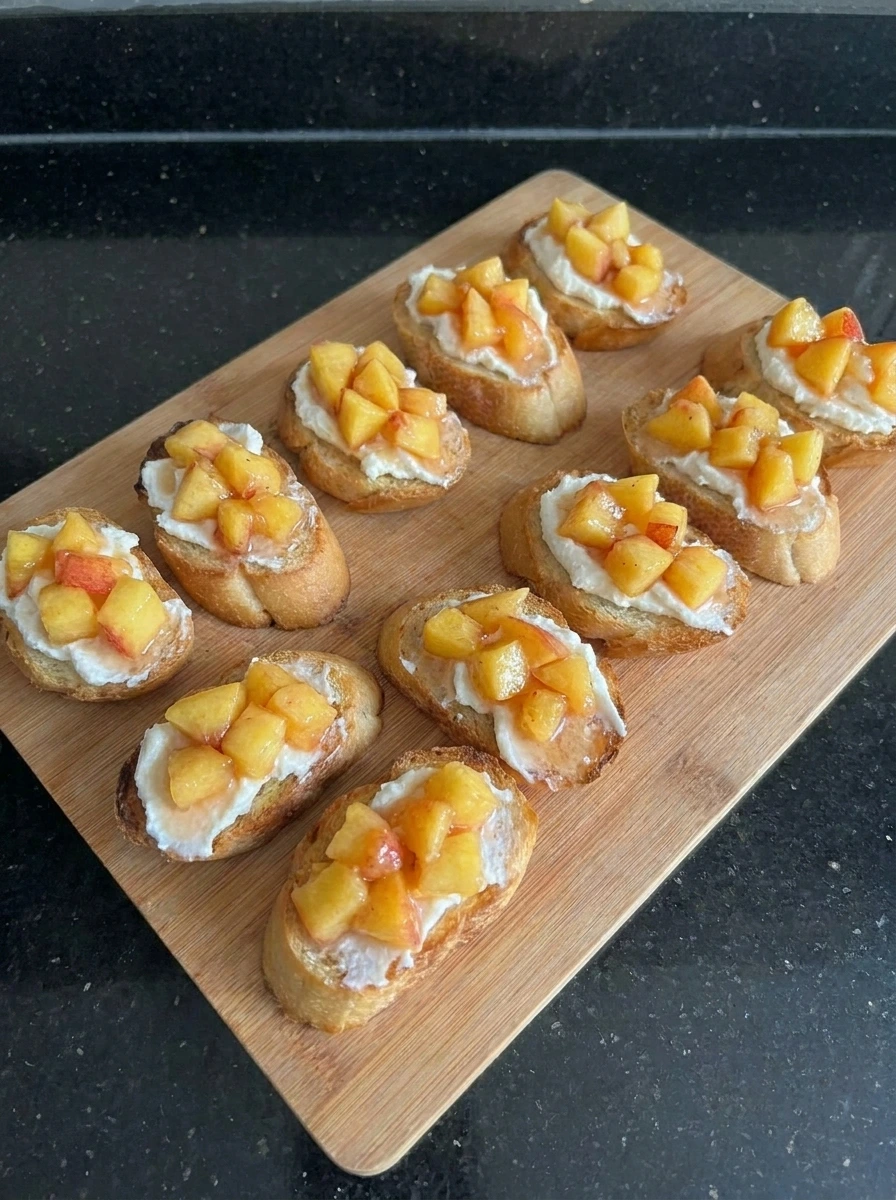 Peaches spooned over ricotta toast for Peach Bruschetta