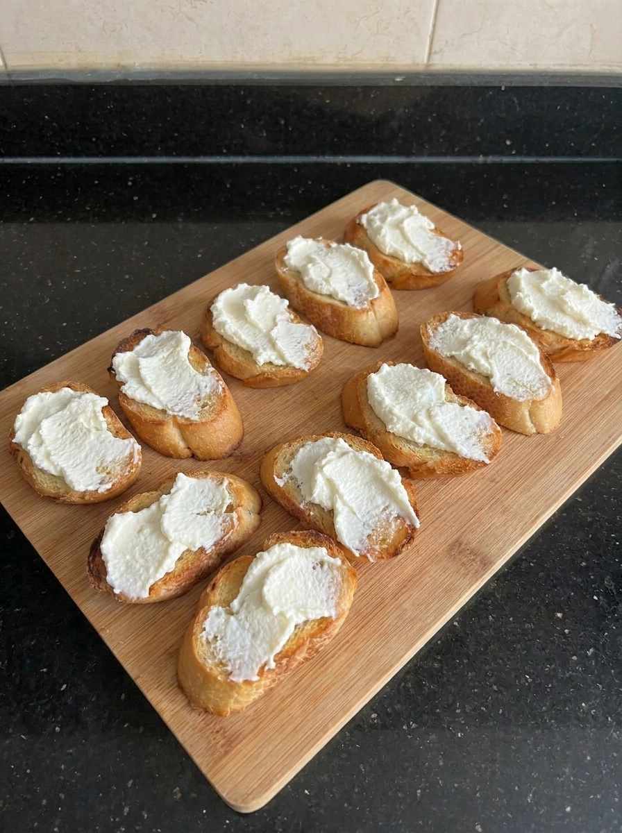 Ricotta spread on toasted bread for Peach Bruschetta