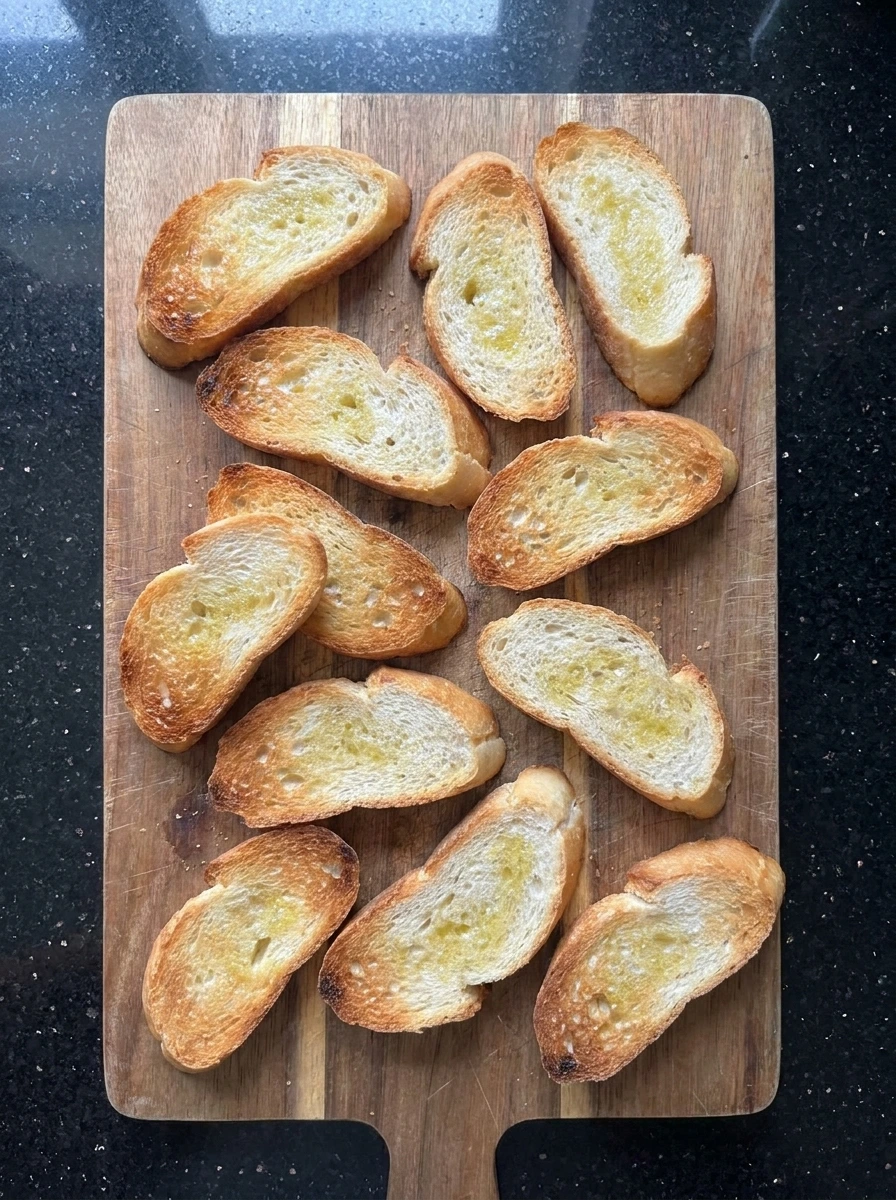 Toasted baguette slices for Peach Bruschetta