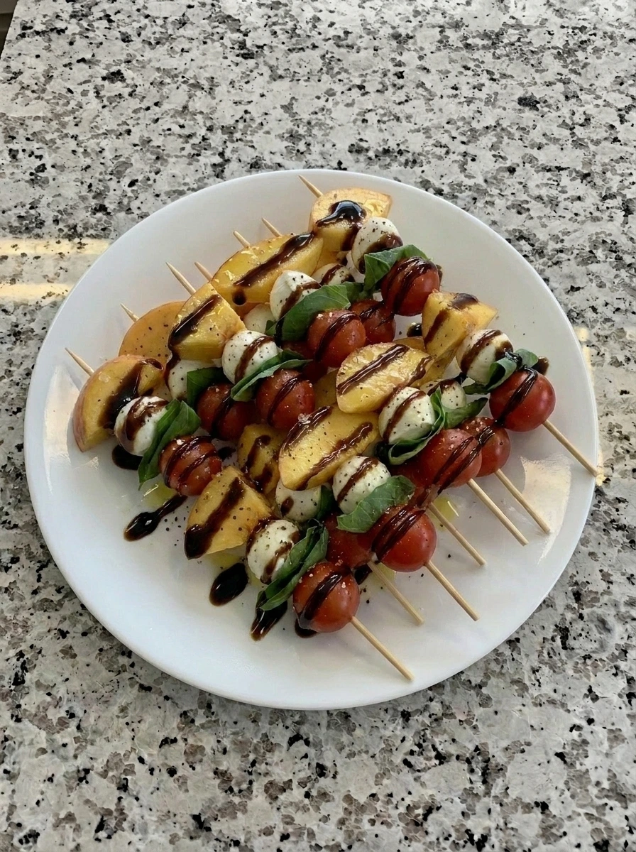 Peach Caprese Skewers finished with balsamic glaze