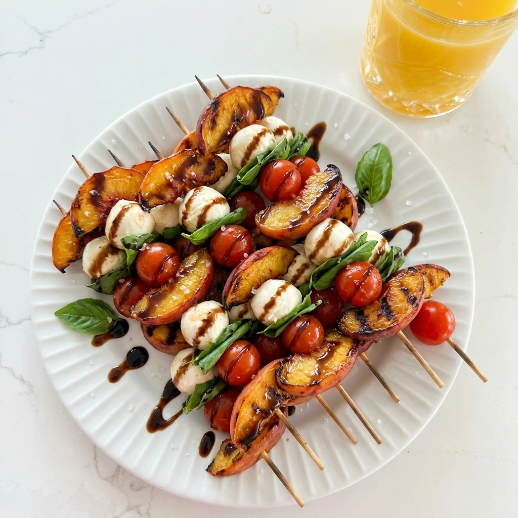 Peach Caprese Skewers with mozzarella basil tomatoes and balsamic glaze