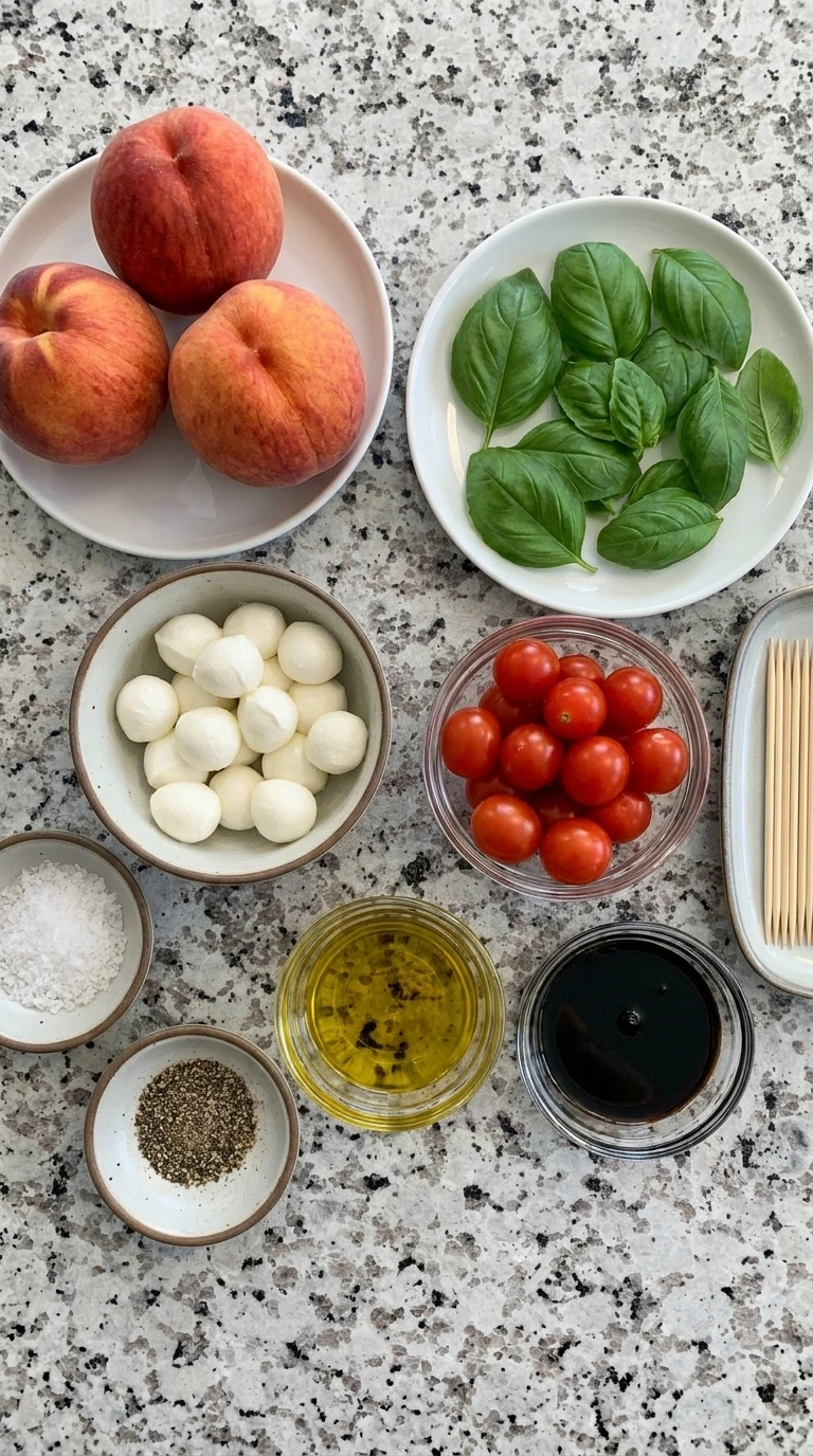 Ingredients for Peach Caprese Skewers in separate small containers
