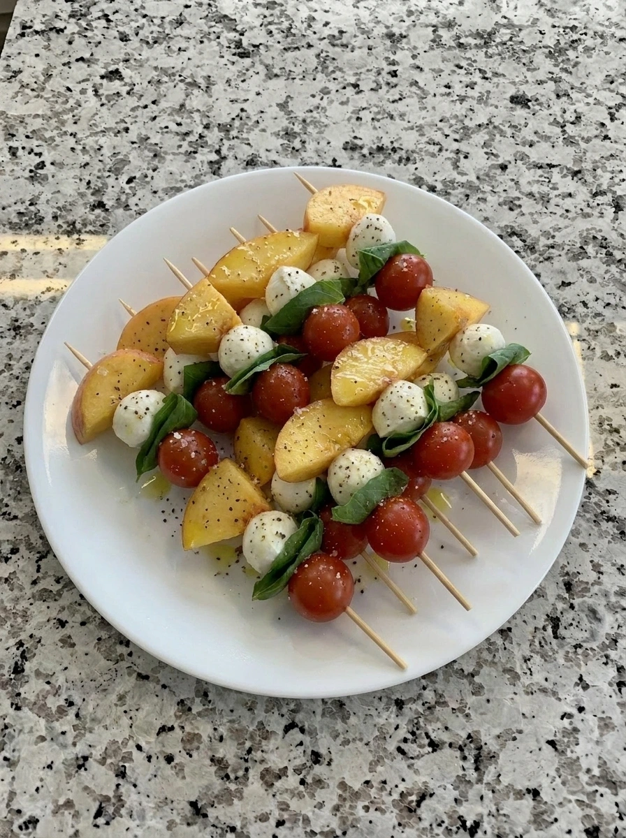 Seasoned Peach Caprese Skewers with olive oil salt and pepper