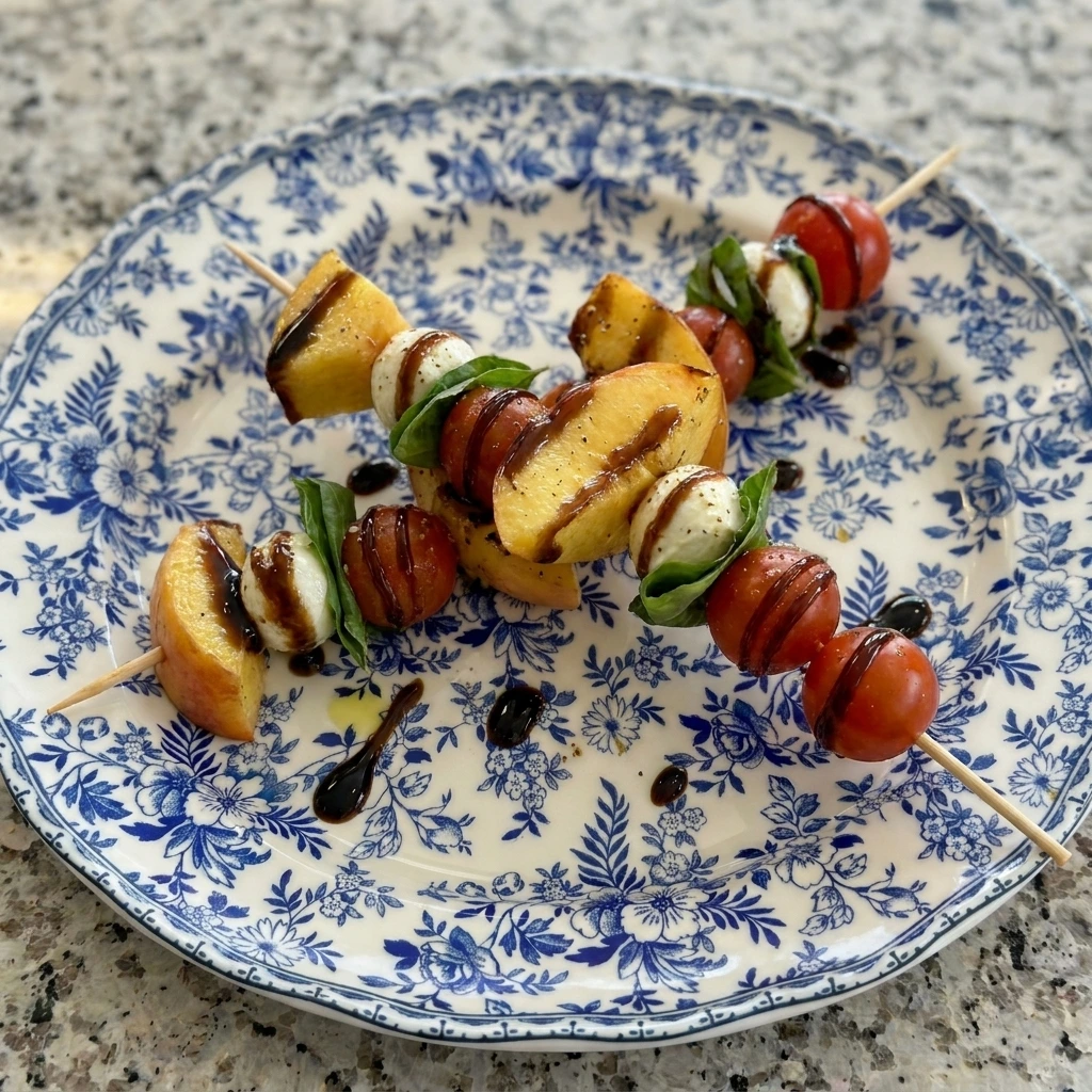 Single serving of Peach Caprese Skewers on a white plate
