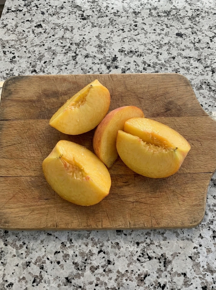 Peaches sliced into wedges for Peach Caprese Skewers