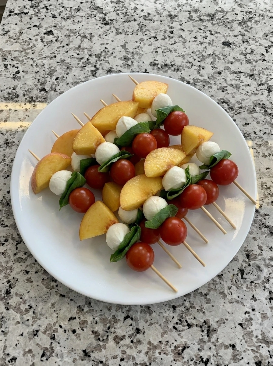 Threading peach mozzarella basil and tomatoes for Peach Caprese Skewers