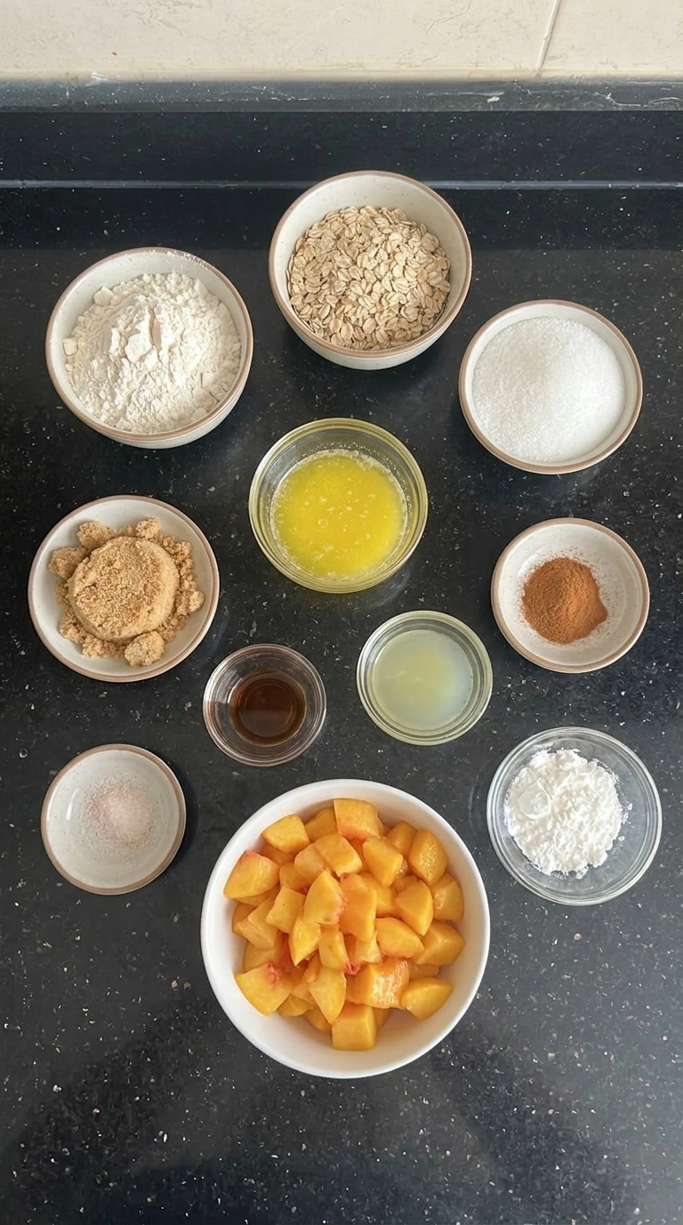 Ingredients for Peach Crumble Bars Everyone Loves arranged in separate containers