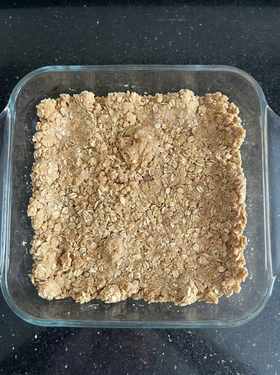 Pressed crust for Peach Crumble Bars Everyone Loves in baking dish