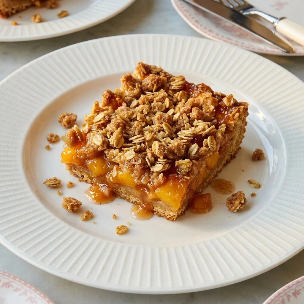 Single serving of Peach Crumble Bars Everyone Loves on white plate
