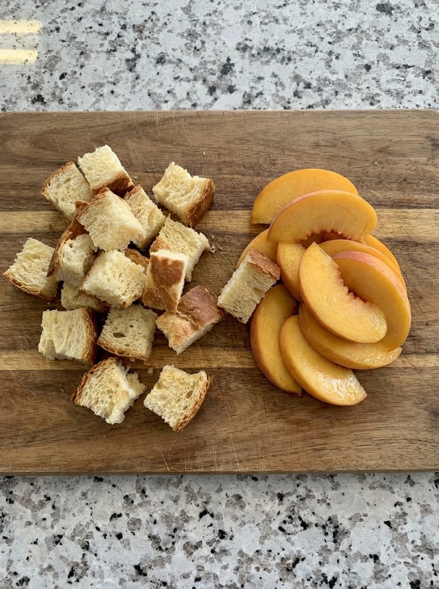 Cubed bread and sliced peaches for Peach French Toast Casserole