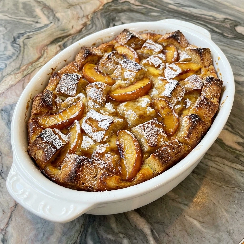 Peach French Toast Casserole baked golden with juicy peaches