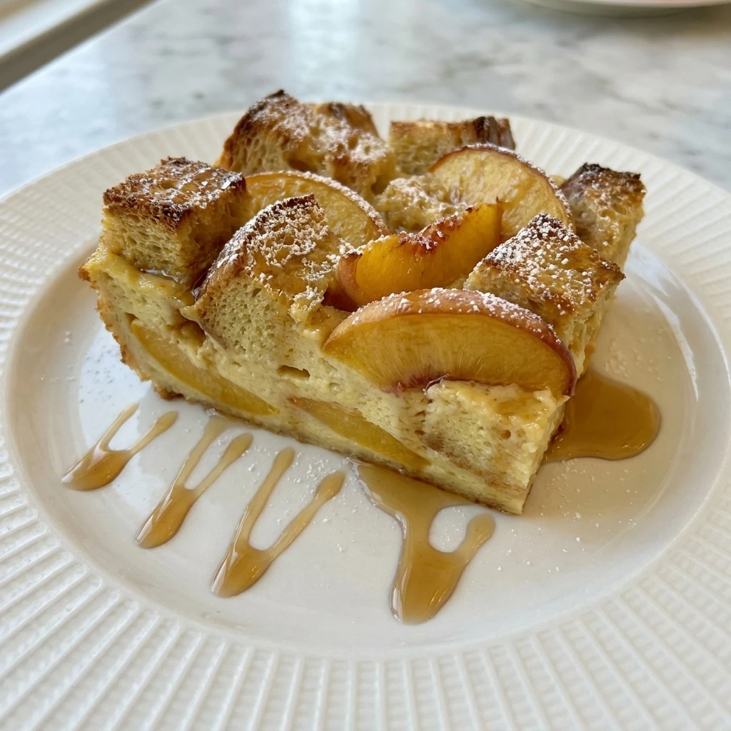 Served slice of Peach French Toast Casserole with peaches