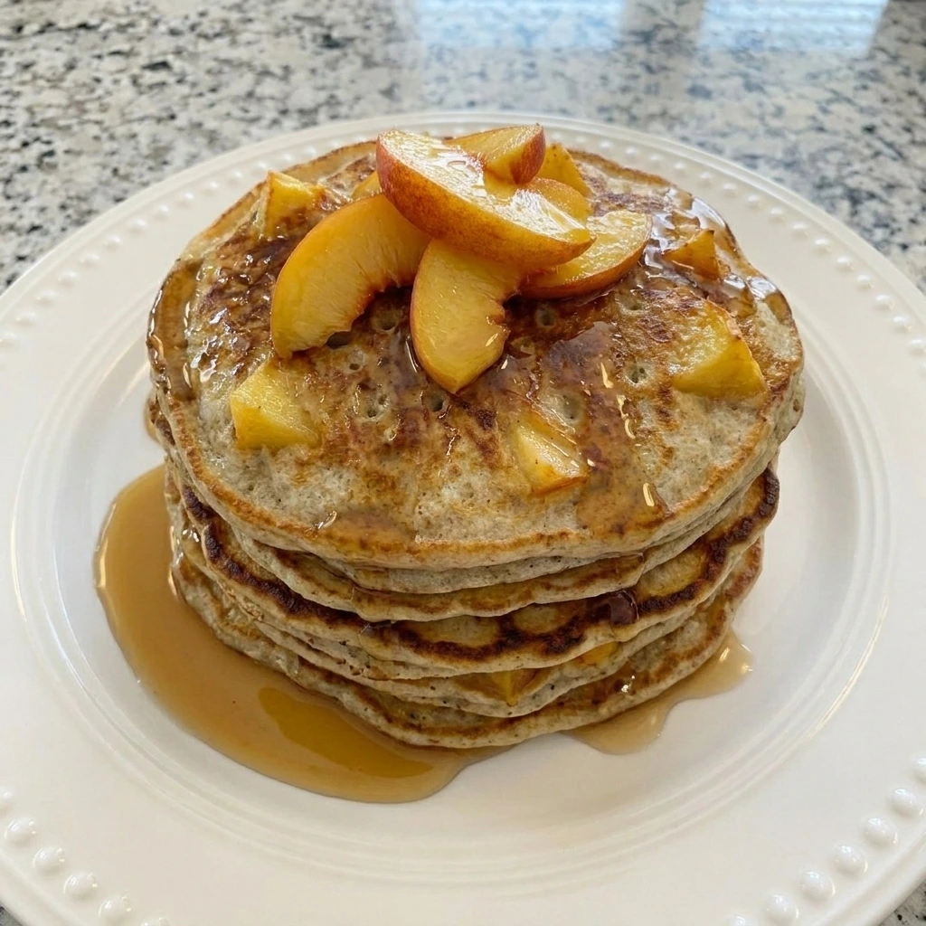 Stack of fluffy Peach Pancakes with sliced peaches and maple syrup