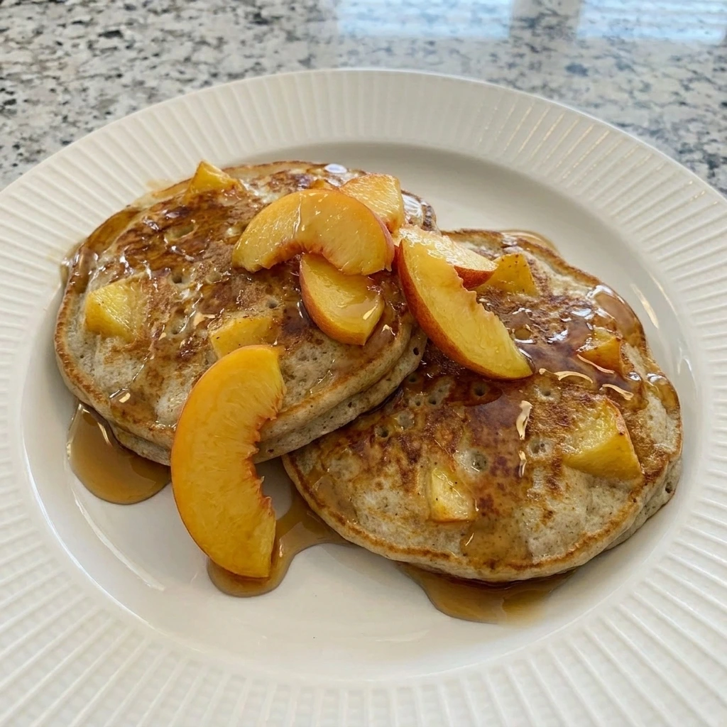 Served Peach Pancakes with sliced peaches and syrup