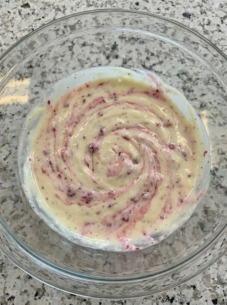 Creamy raspberry dressing with pink streaks for chicken salad lettuce cups