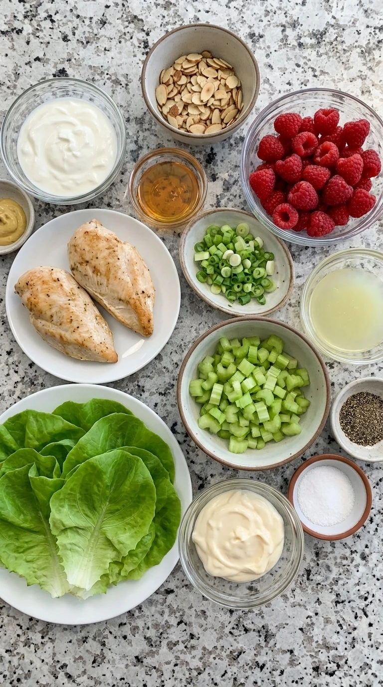 Ingredients for Raspberry Chicken Salad Lettuce Cups arranged in separate small containers