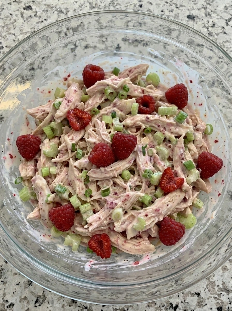 Raspberry chicken salad mixed with creamy dressing and whole berries