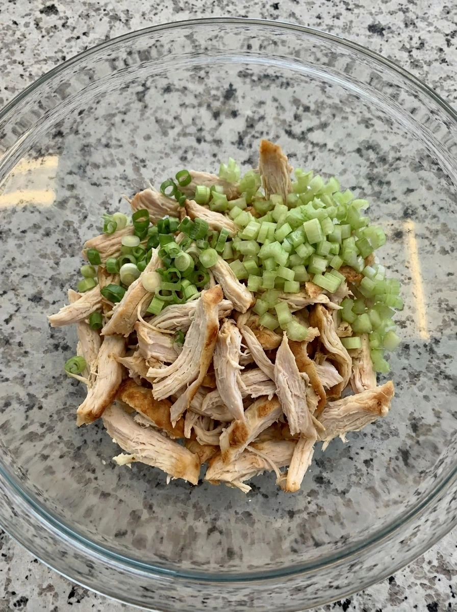 Shredded chicken with celery and green onions for Raspberry Chicken Salad Lettuce Cups